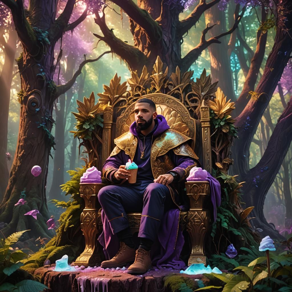 Drake on Throne Eating Ice Cream in Forest