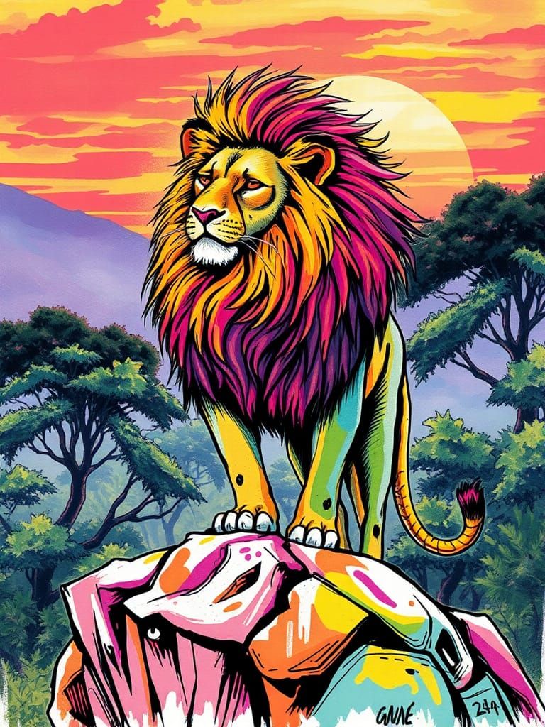 Lion in Jungle: Vibrant Polychromatic Graffiti Art
