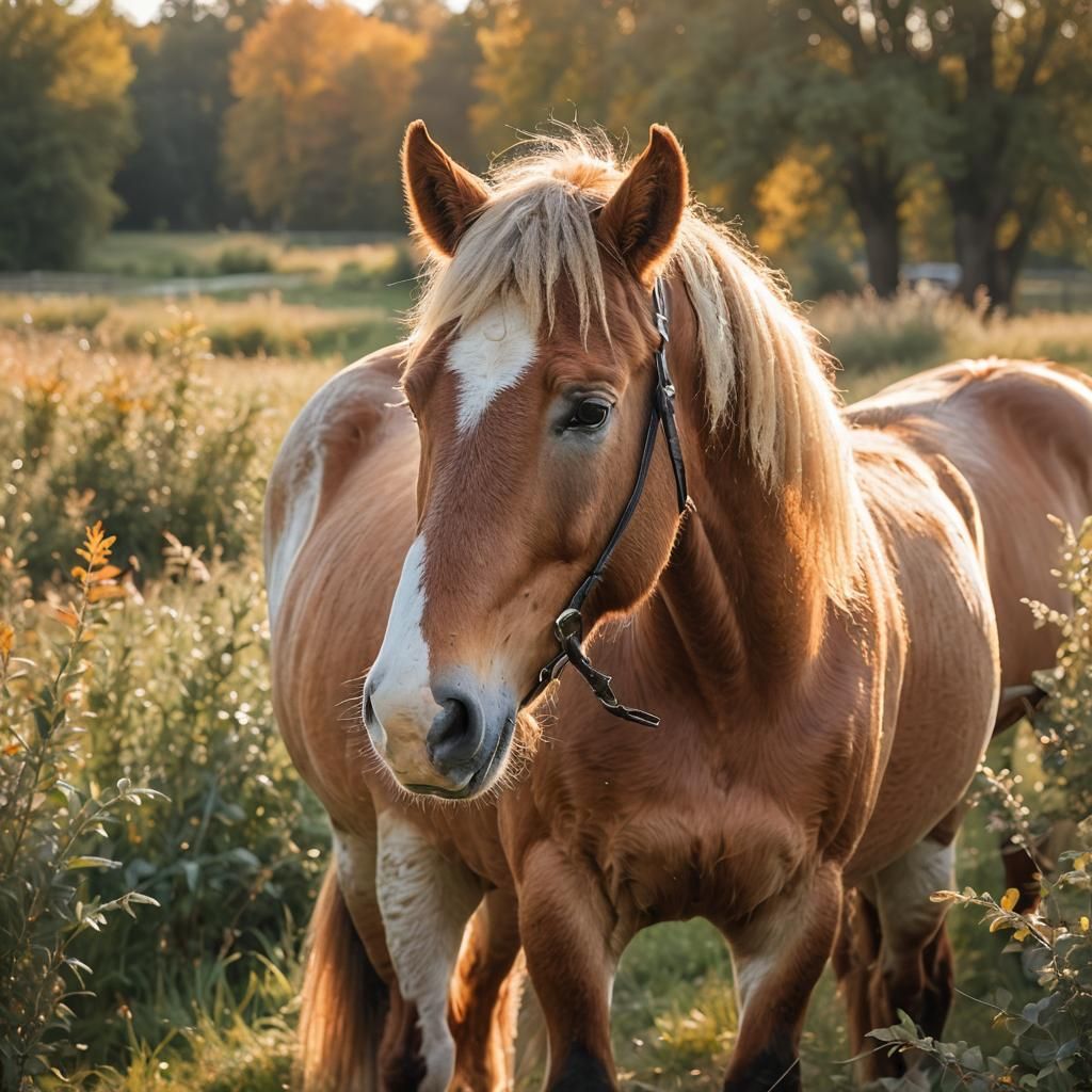 Belgian Draft Horse Portrait in Sunlit Meadow