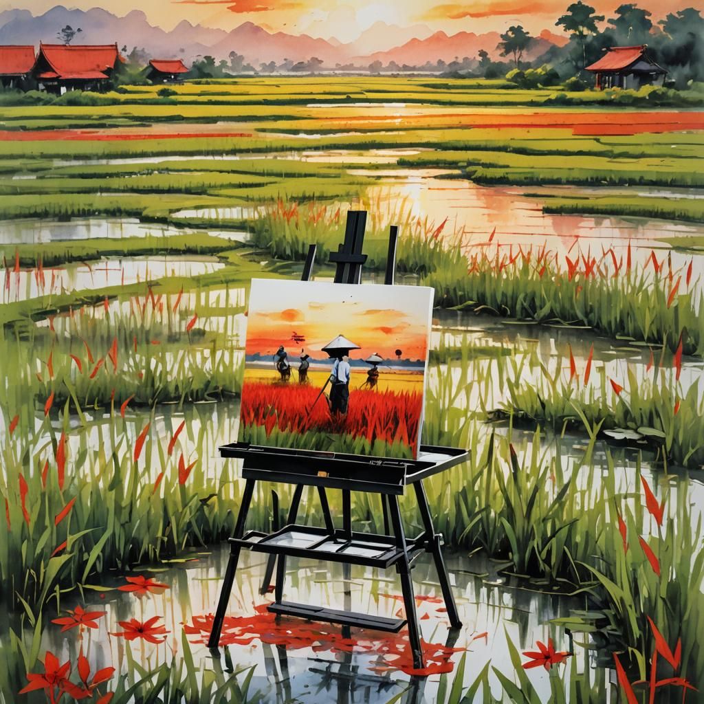 Rice Paddy Sunset with Abstract Calligraphy Painting