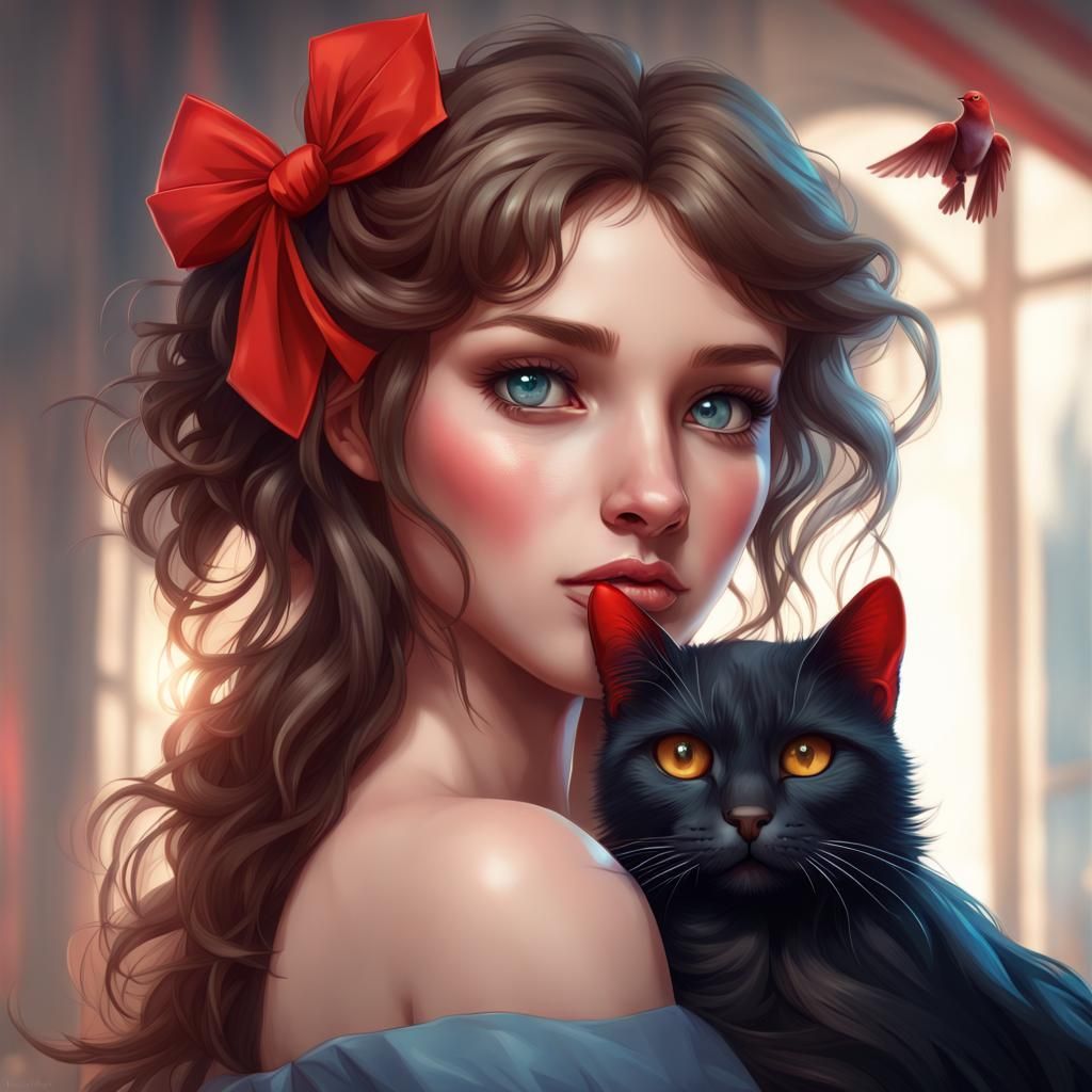 Girl with Cat and Bird, Detailed Portrait