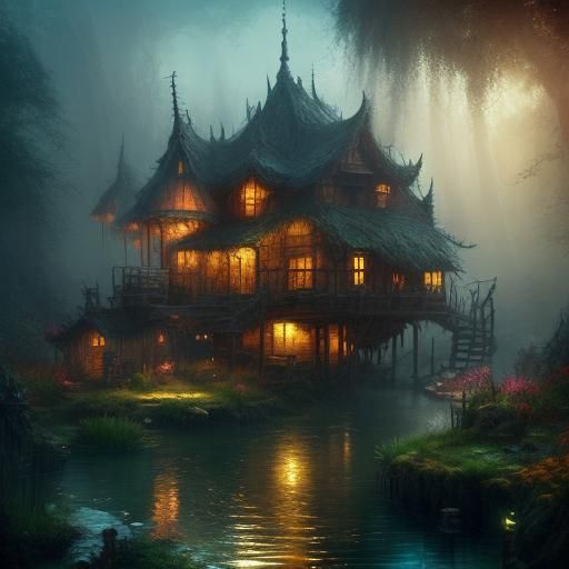 Baba Yaga's Hut Sinking into Pond with Dragon