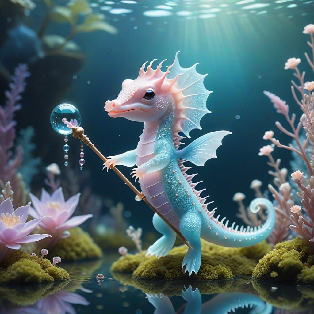 Whimsical Axolotl Wizard Rides a Cosmic Seahorse