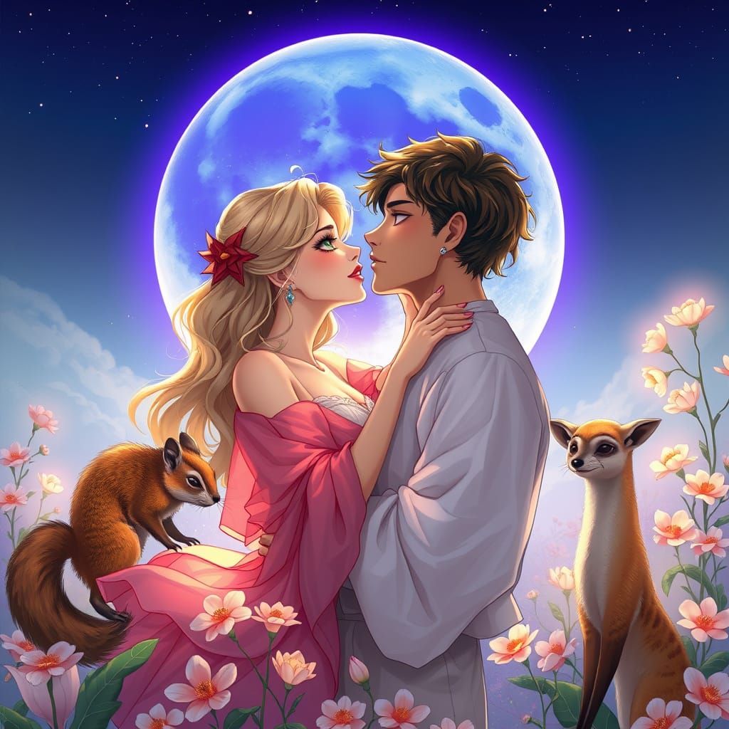 Passionate Embrace Under a Glowing Moon in Anime Style