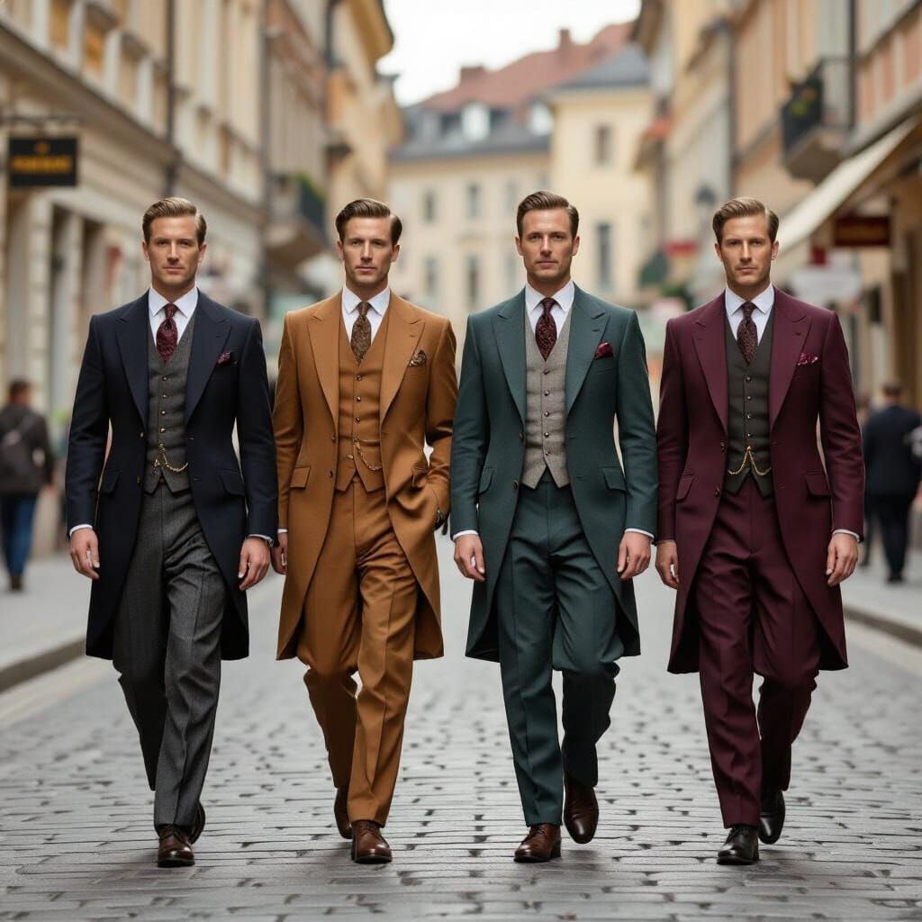 Four Gentlemen Stroll Down European Street in Wes Anderson S...