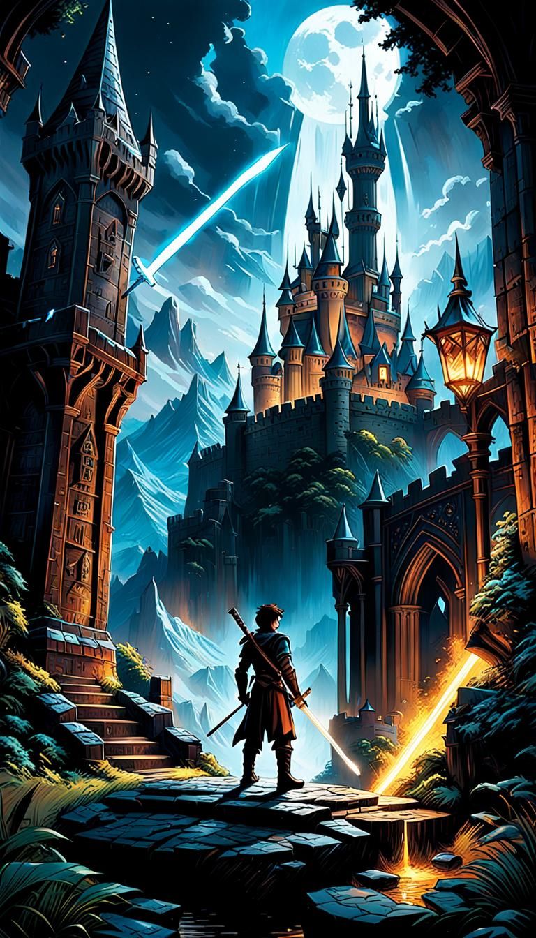 Boy and Magic Sword in Dark Fantasy Style