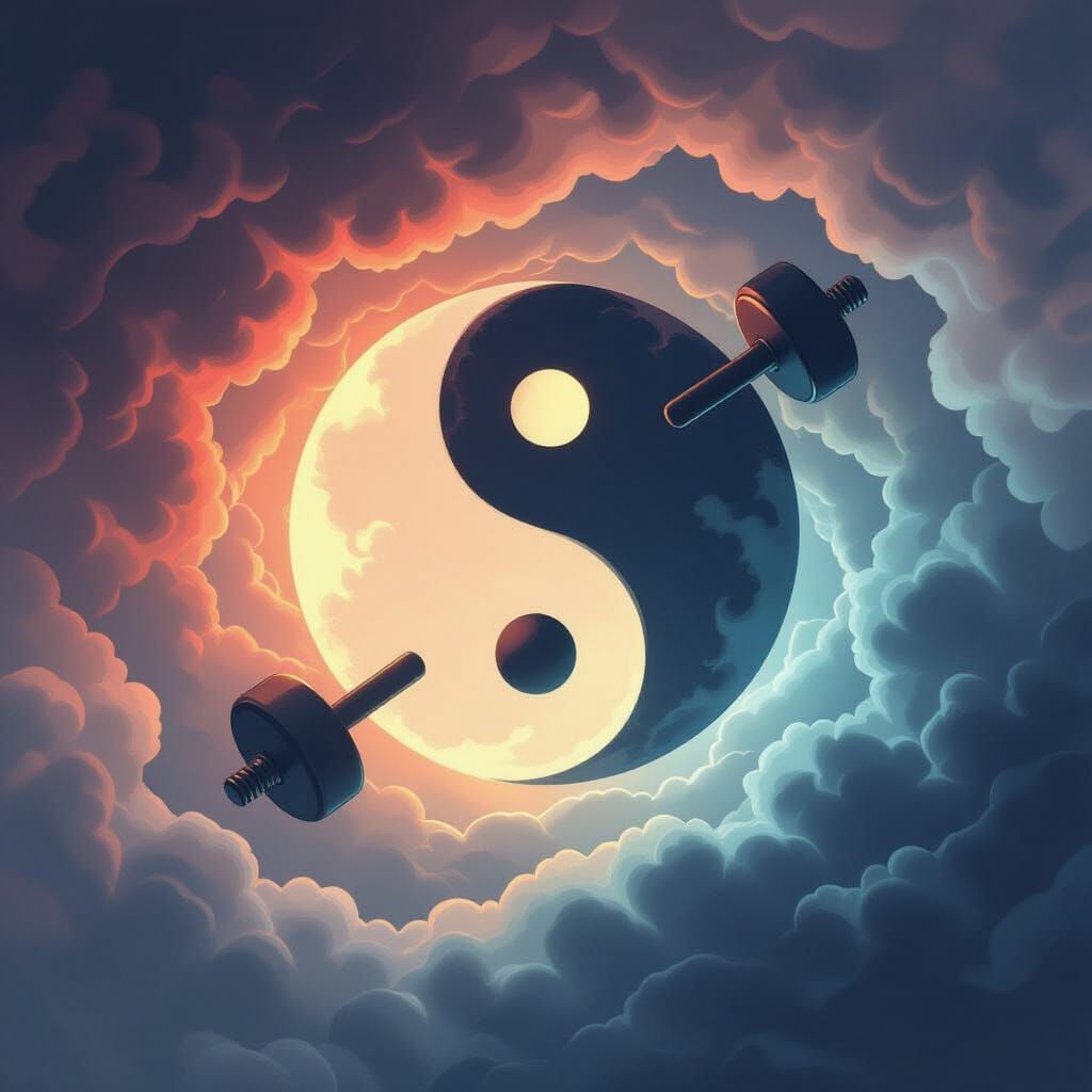 Yin-Yang Symbol with Fitness Equipment in Surreal Style