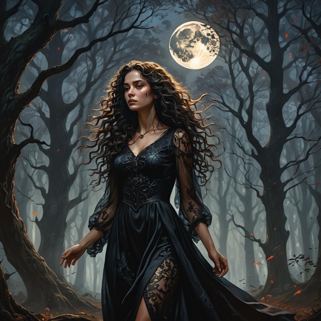 Dark Fantasy Lady in Woods with Moonlight