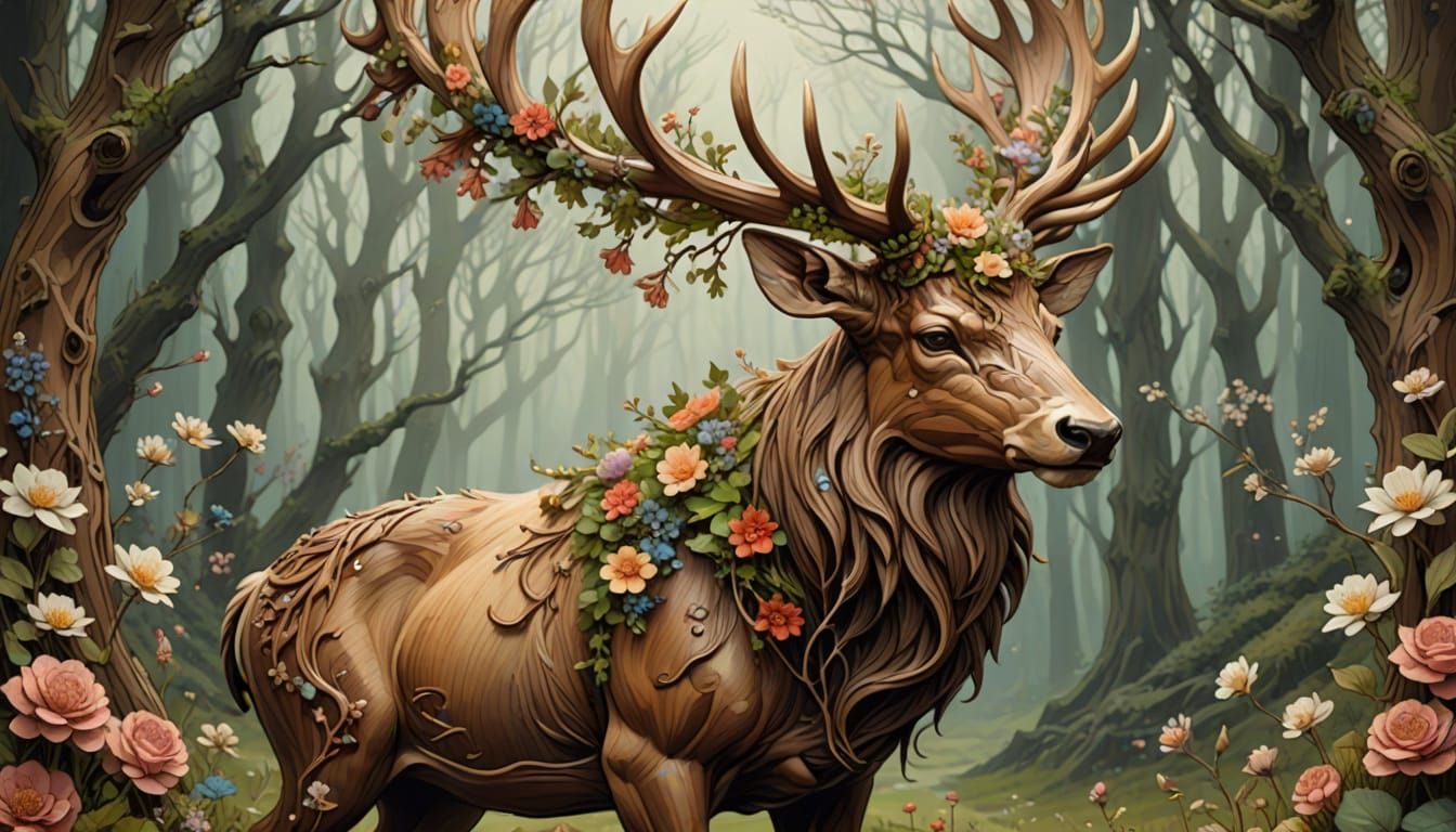 Majestic Stag Made of Wood and Flowers in Fantasy Art