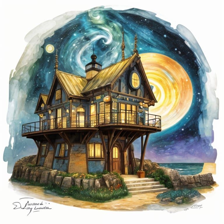 Art Brut Seaside Lighthouse Under Starry Sky