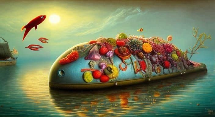 Stranded submarine in a place where strange fish fly