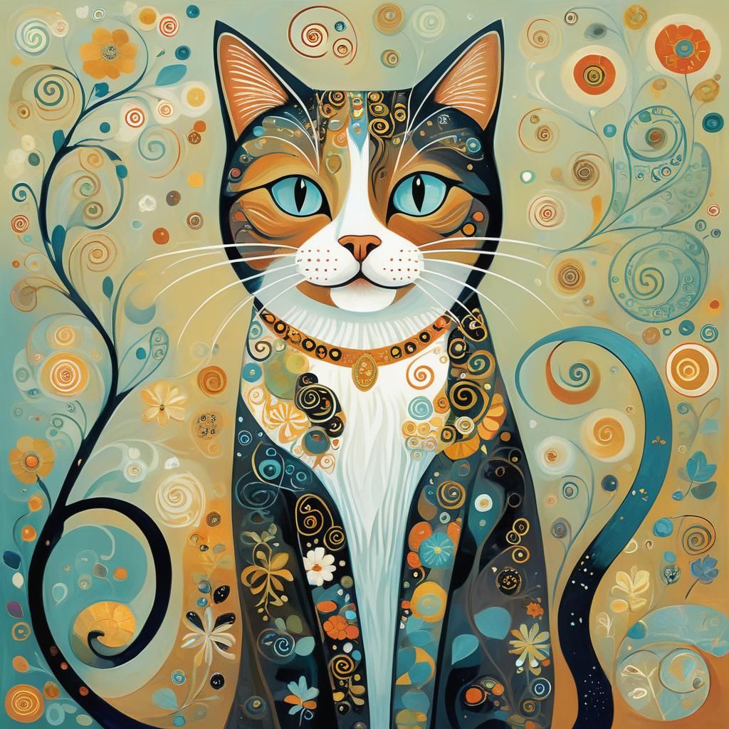 Whimsical Cat in Klimt-Inspired Art Nouveau Style