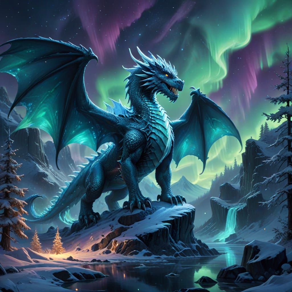 Ice Dragon Guards Winter Valley Under Aurora Borealis