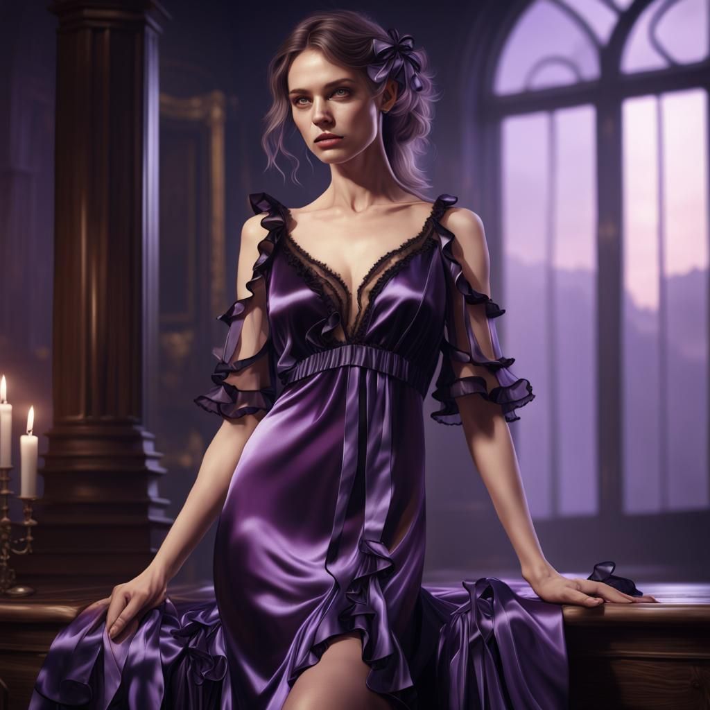 Woman in Purple Satin Nightdress: Detailed Matte Painting