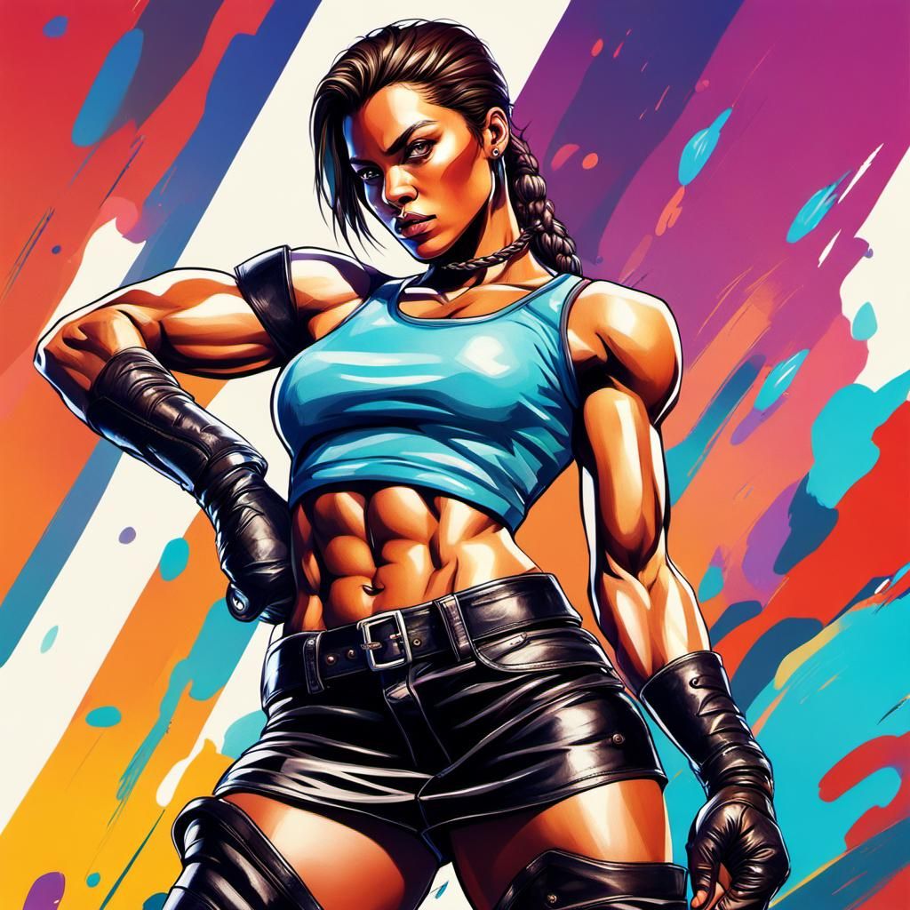 Hyperrealistic Woman with Biceps in Leather Outfit