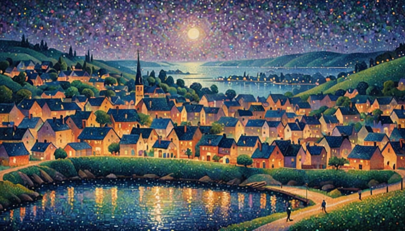 Dreamy Pointillist Village Under Starry Night Sky