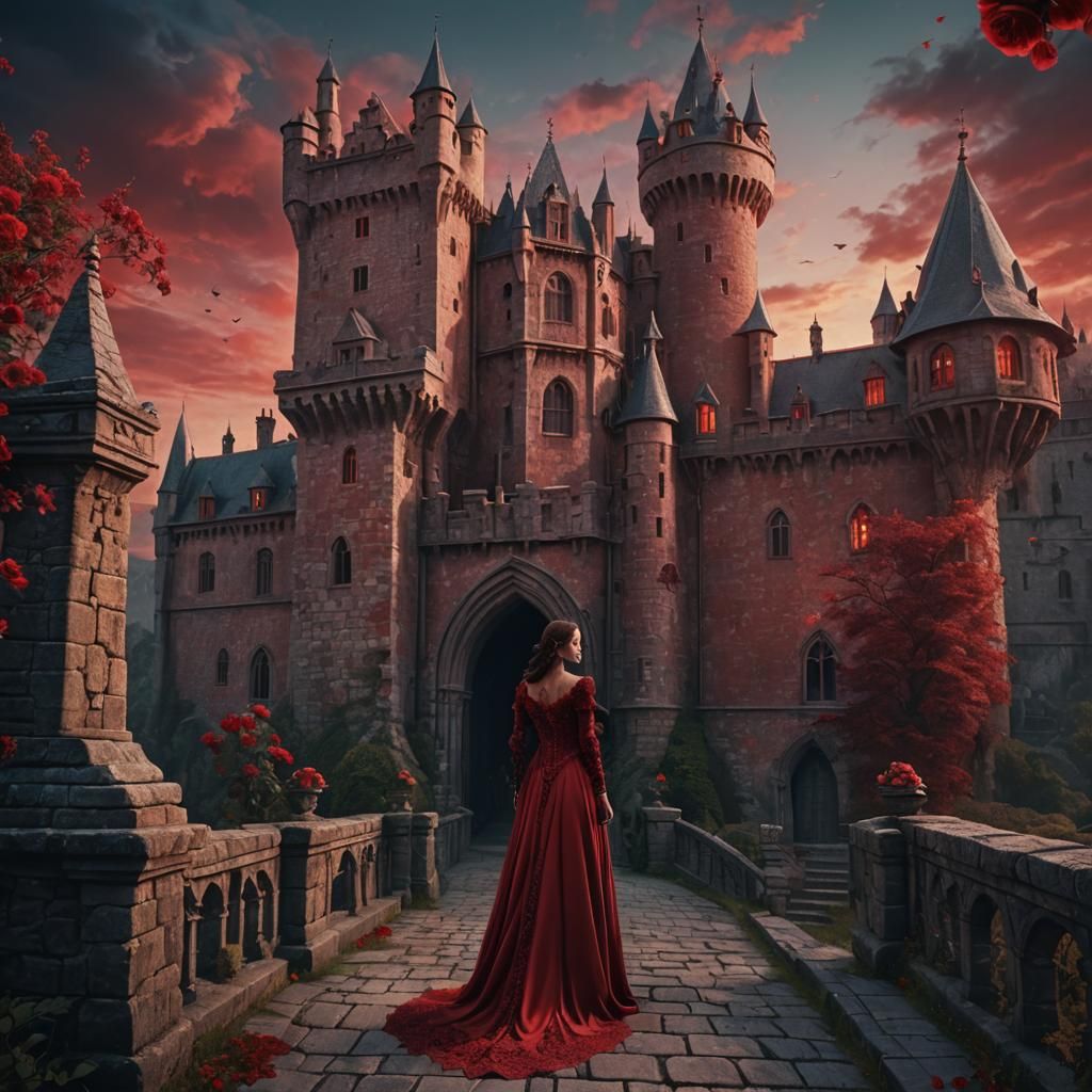 Red Vampire Woman in Ruby Sky: Fantasy Art