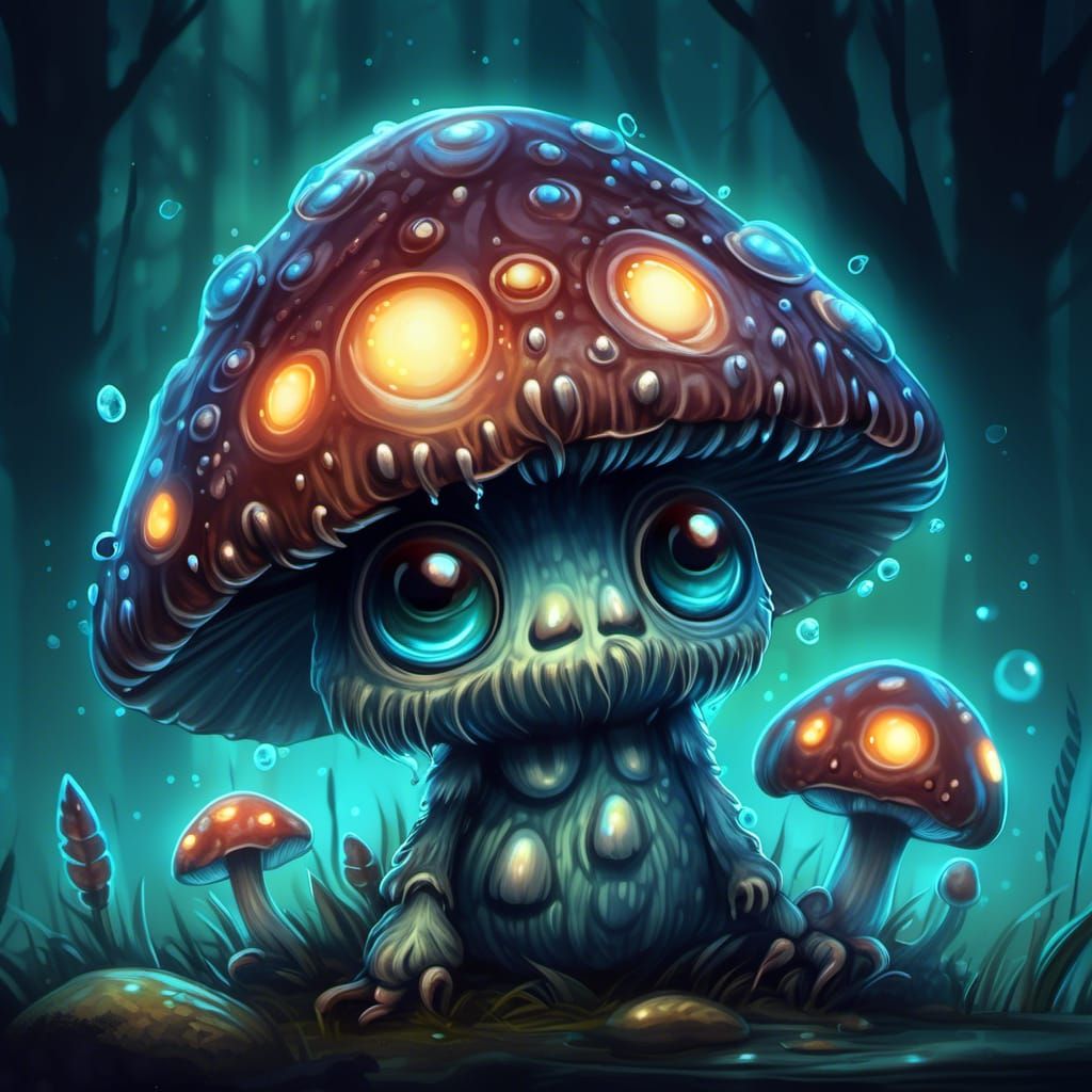 Bioluminescent Mushroom Monster Watercolor Illustration