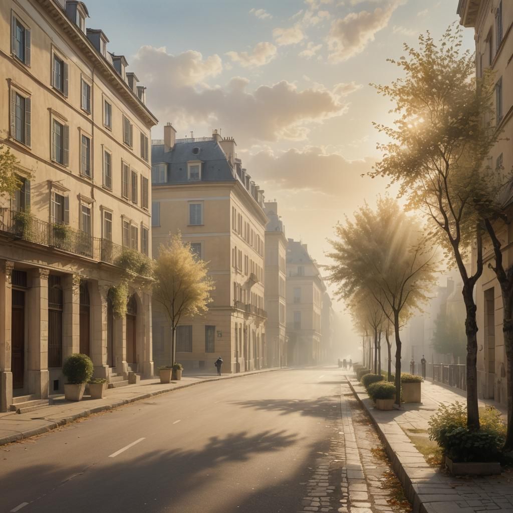 Neoclassical Cityscape with Fog and Golden Light