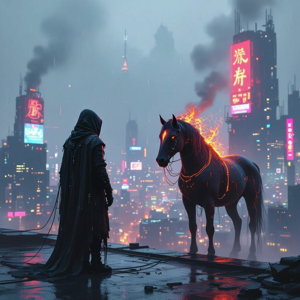 Cyberpunk Rooftop Vigil: Shadow Figure & Molten Horse