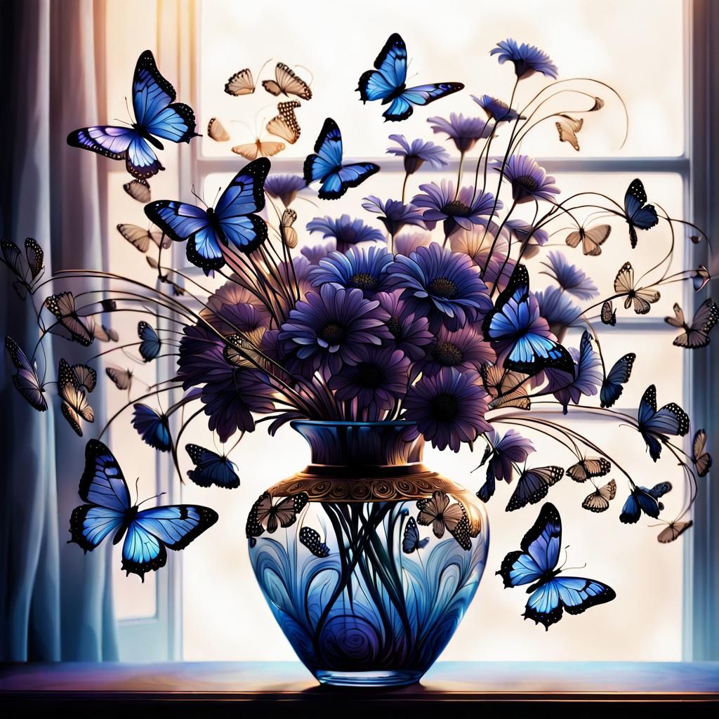 Fantasy Still Life: Intricate Line Art with Butterflies