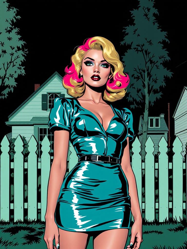 Suburban Gothic Pin-Up in Glossy Cyan Satin Dress