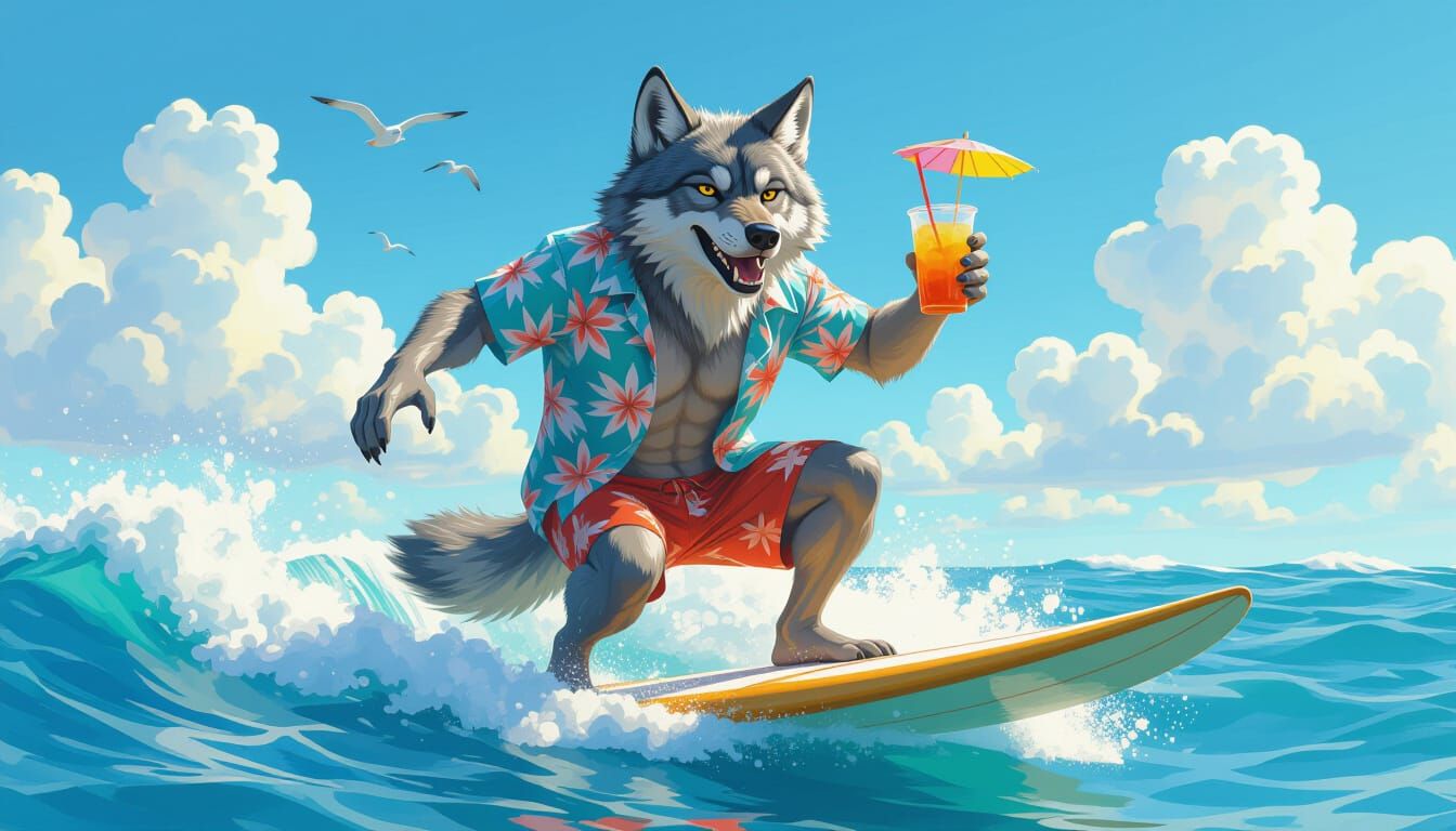 Wolf Surfing in Hawaiian Shirt: Ultra Realistic Scene