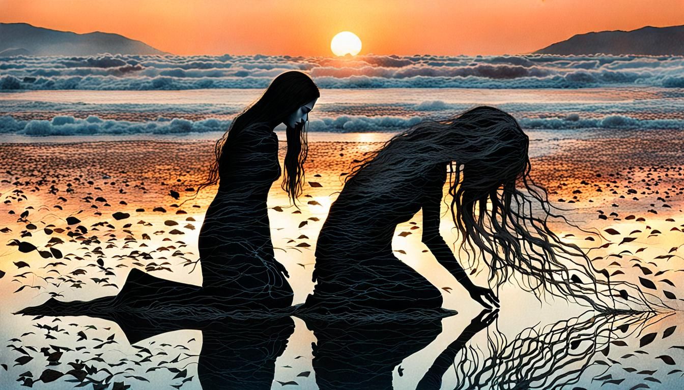 Surreal Fragmented Sculpture of Woman at Sunset