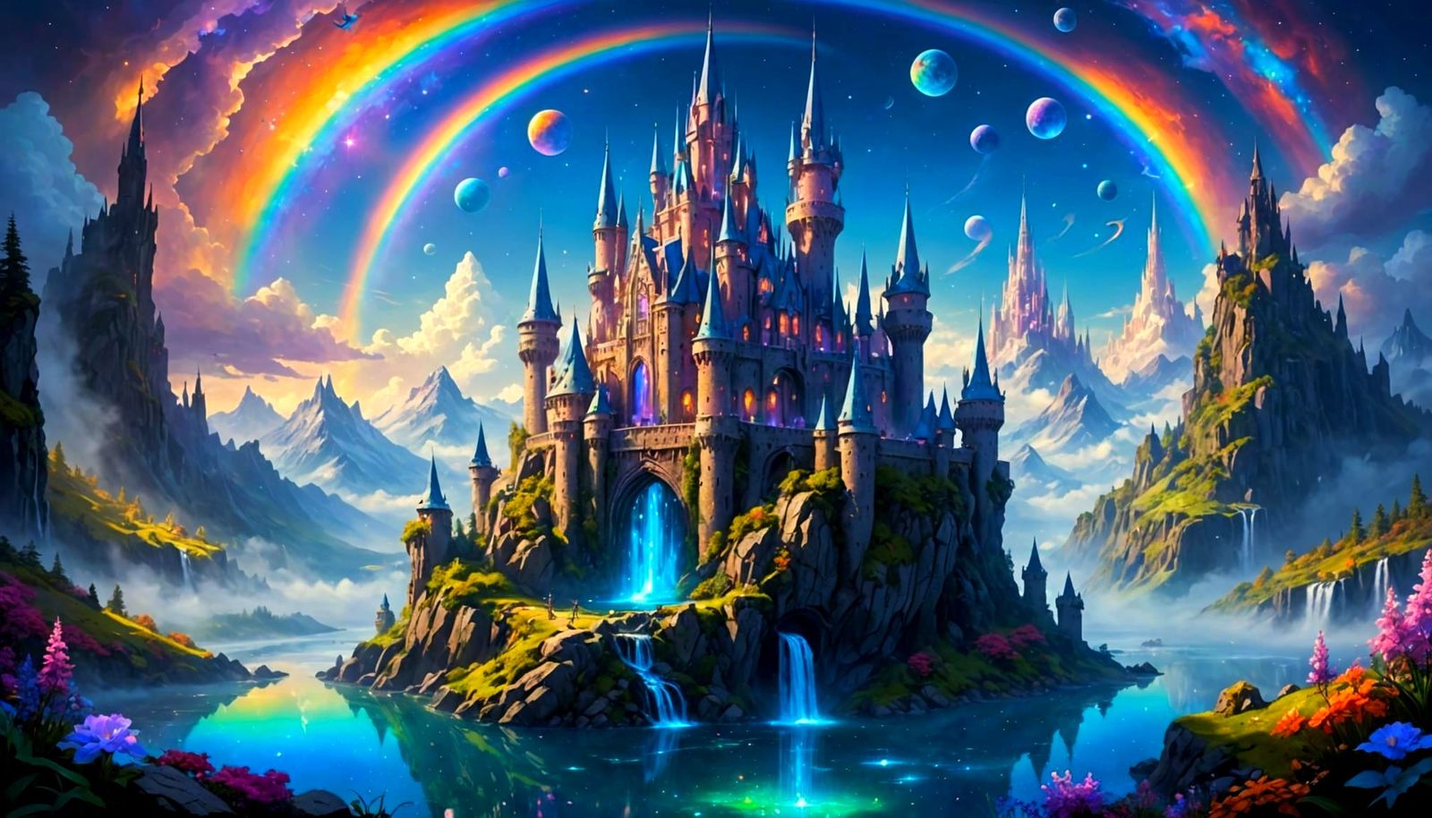Crystalline Castle in Magical Realm Above Clouds