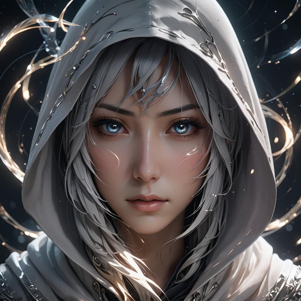 Mysterious Hooded Figure in Cyberpunk Anime Style