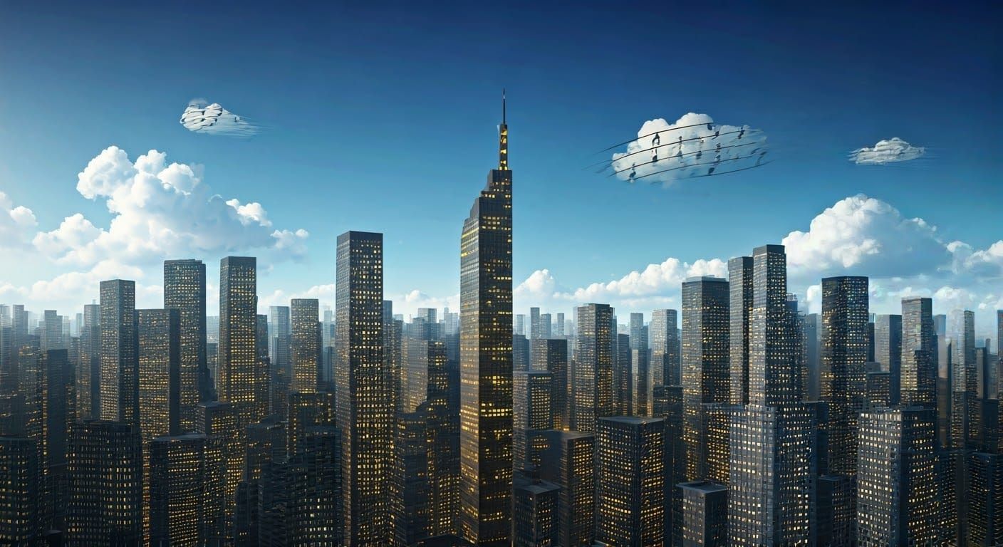 Musical Cityscape with Sheet Music Clouds