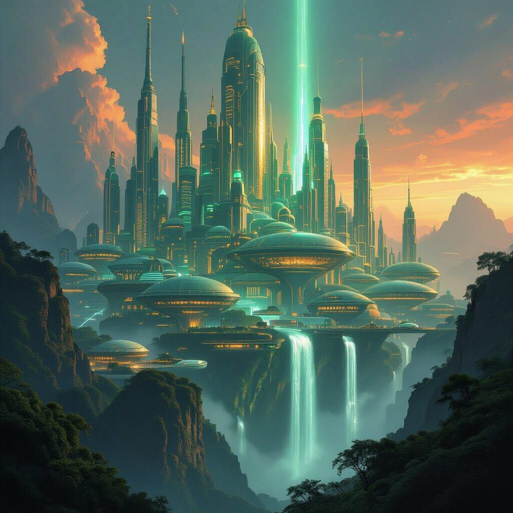 Futuristic City on Giant Roots, Vibrant Neon & Bioluminescen...