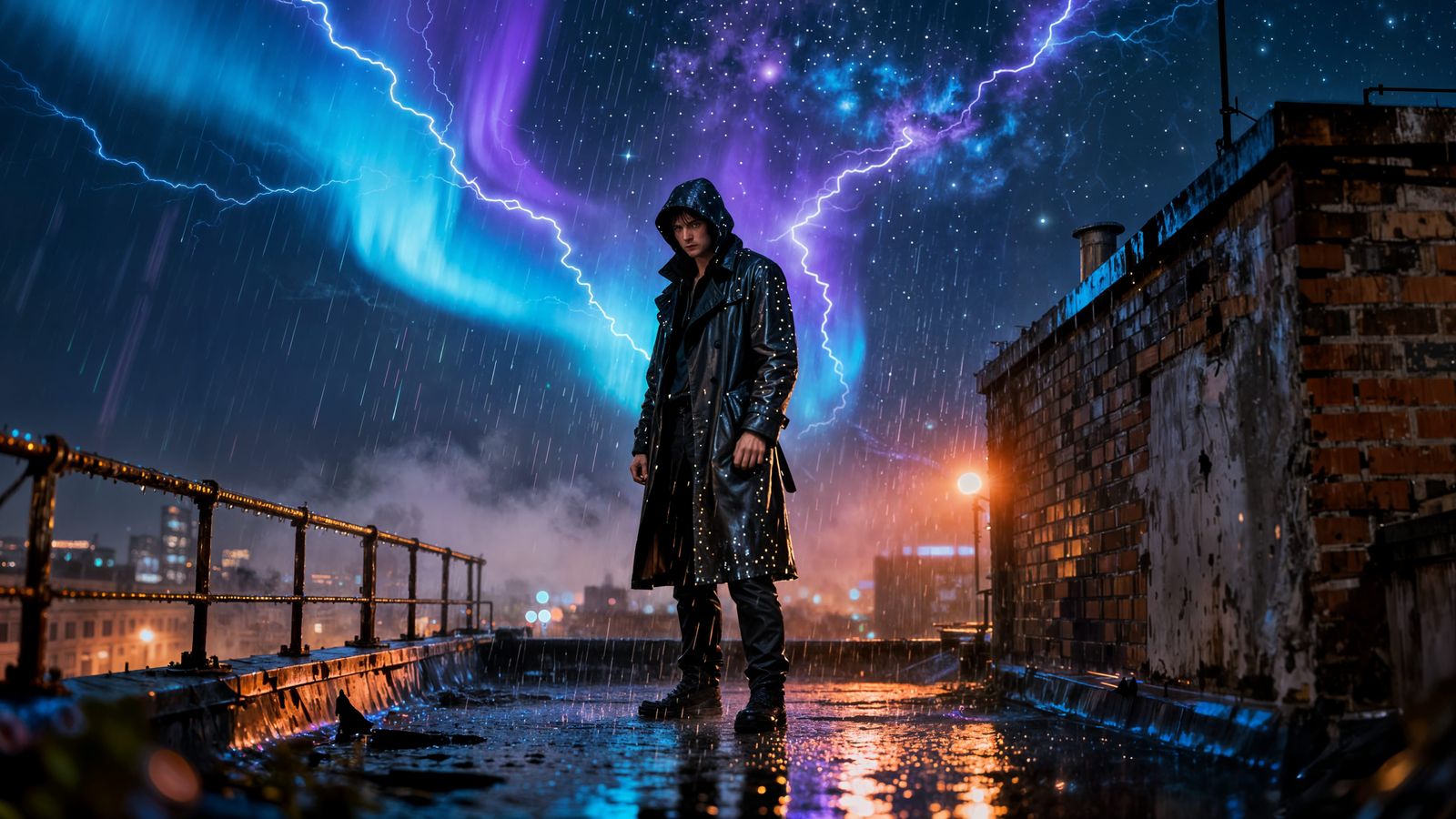 Lone Figure Overlooking Neon City Under Cosmic Sky