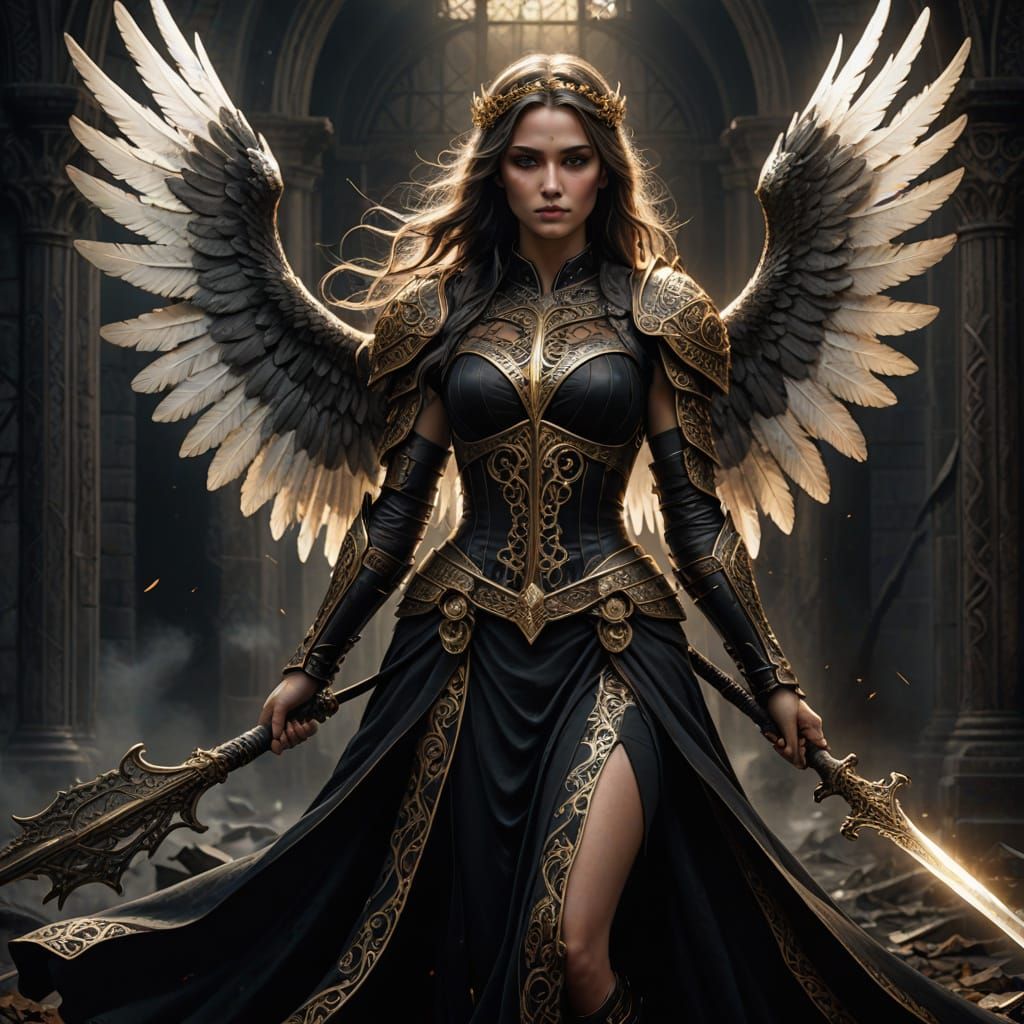 Ethereal Guardian Angel of War in Gothic Elegance