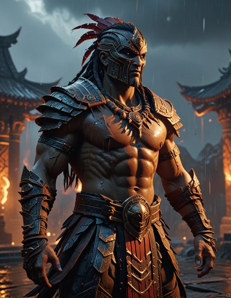 Victorious Warrior in Rain-Soaked Temple at Night