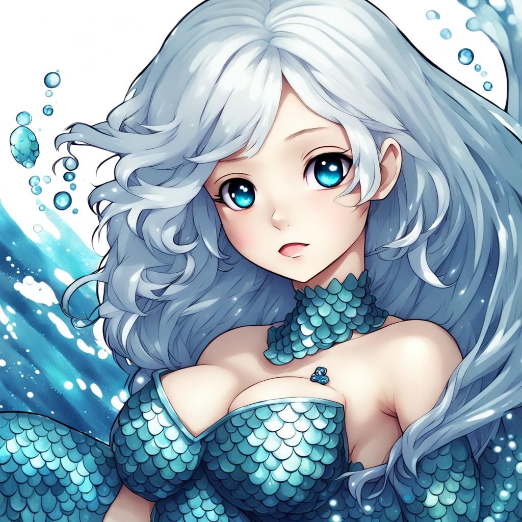 Chibi Mermaid with Blue Scales in Anime Style