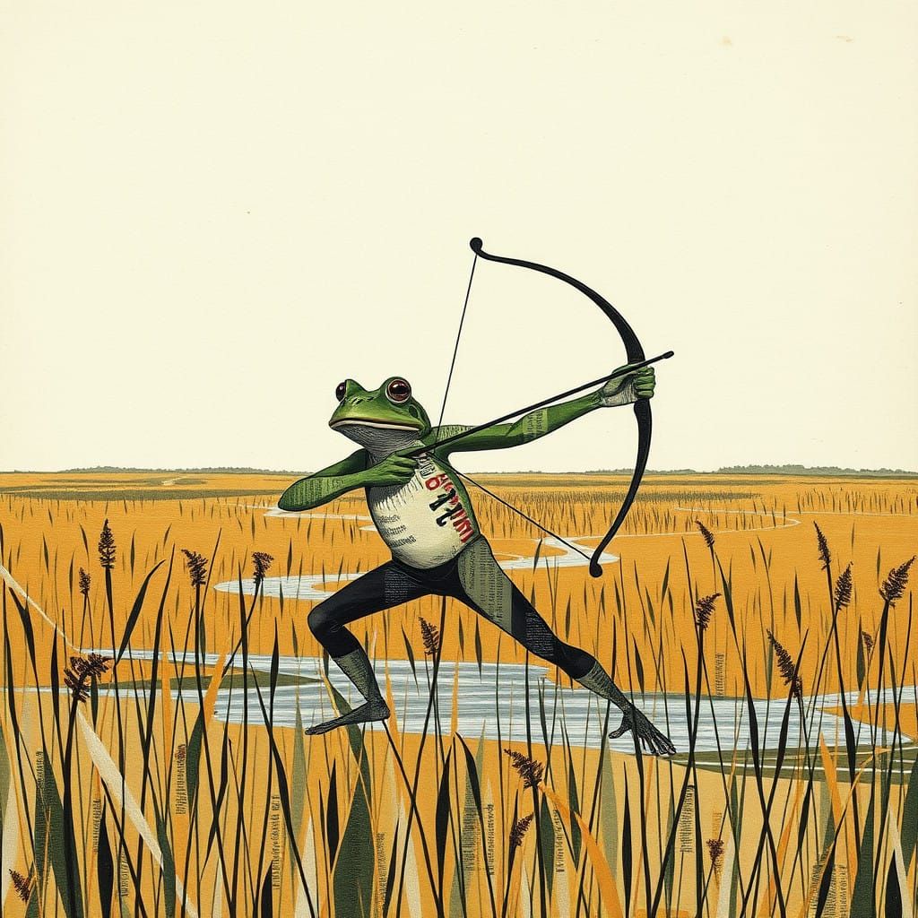 Abstract Frog Archer in a Minimalist Marsh Landscape