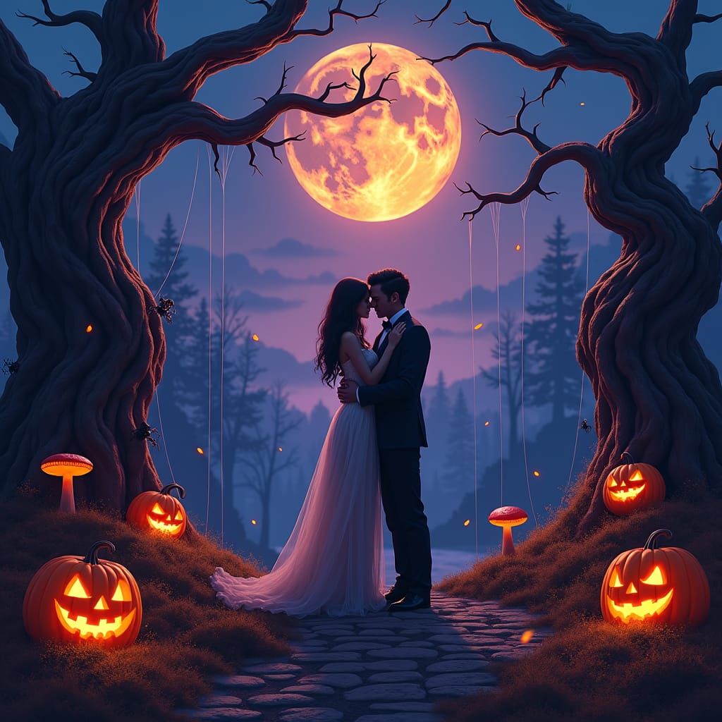 Mystical Halloween Embrace in a Matte Painting