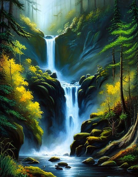 Serene Waterfall Scene in Polychromatic Graffiti Art Style