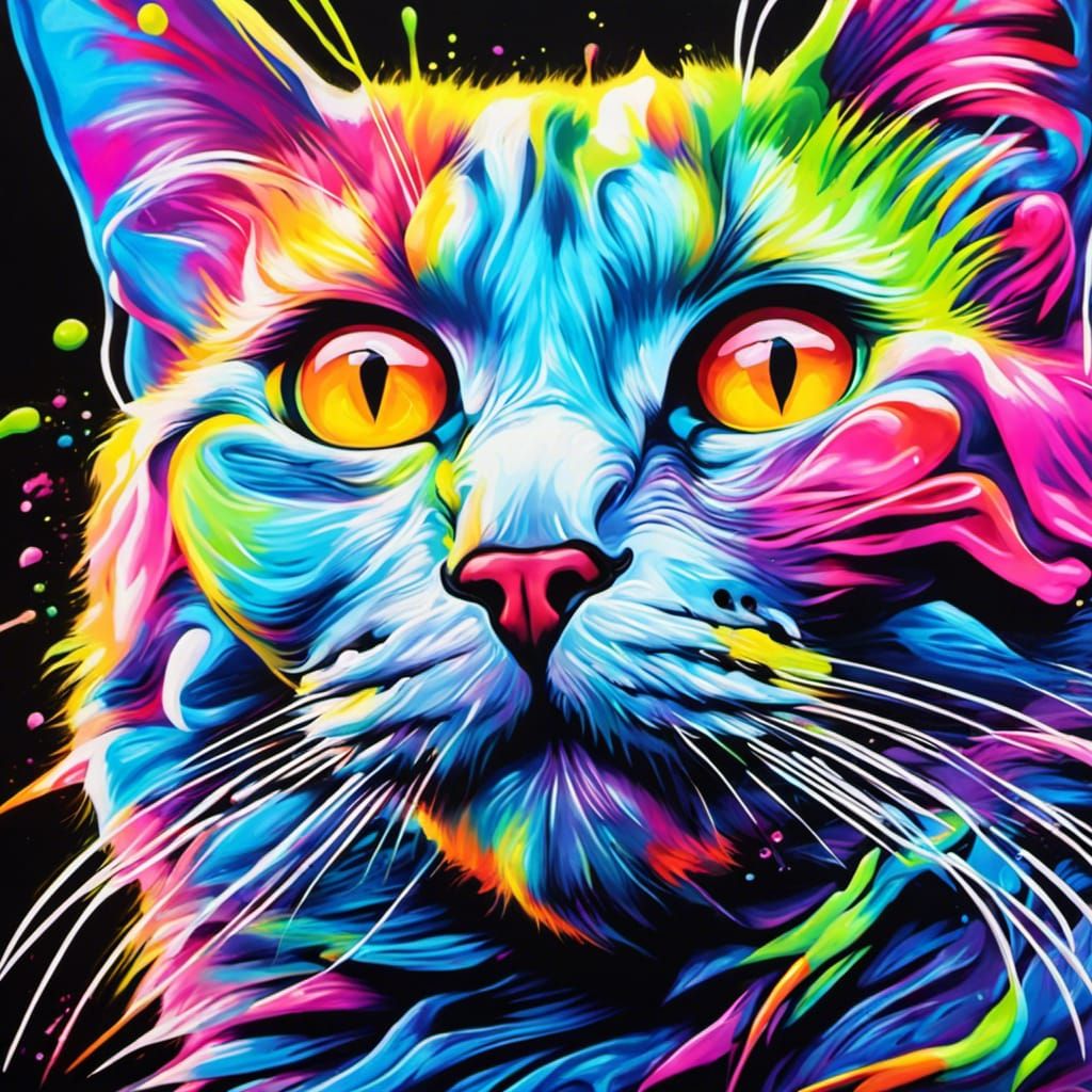 Hyperrealistic Neon Cat Graffiti Painting