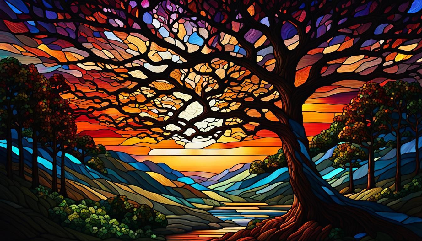 Stained Glass Oak Tree Sunset Art