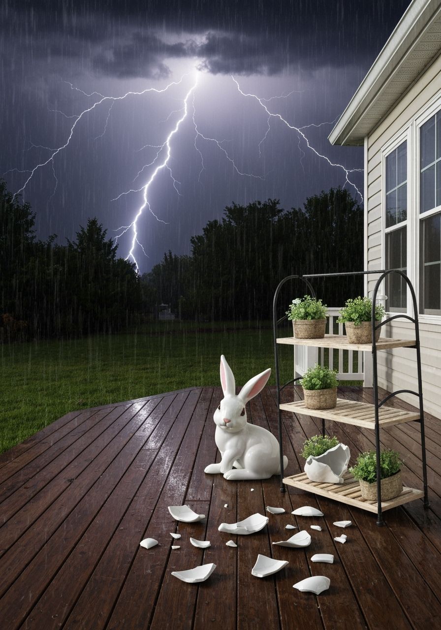 Porcelain Rabbit Shatters on Porch During Storm