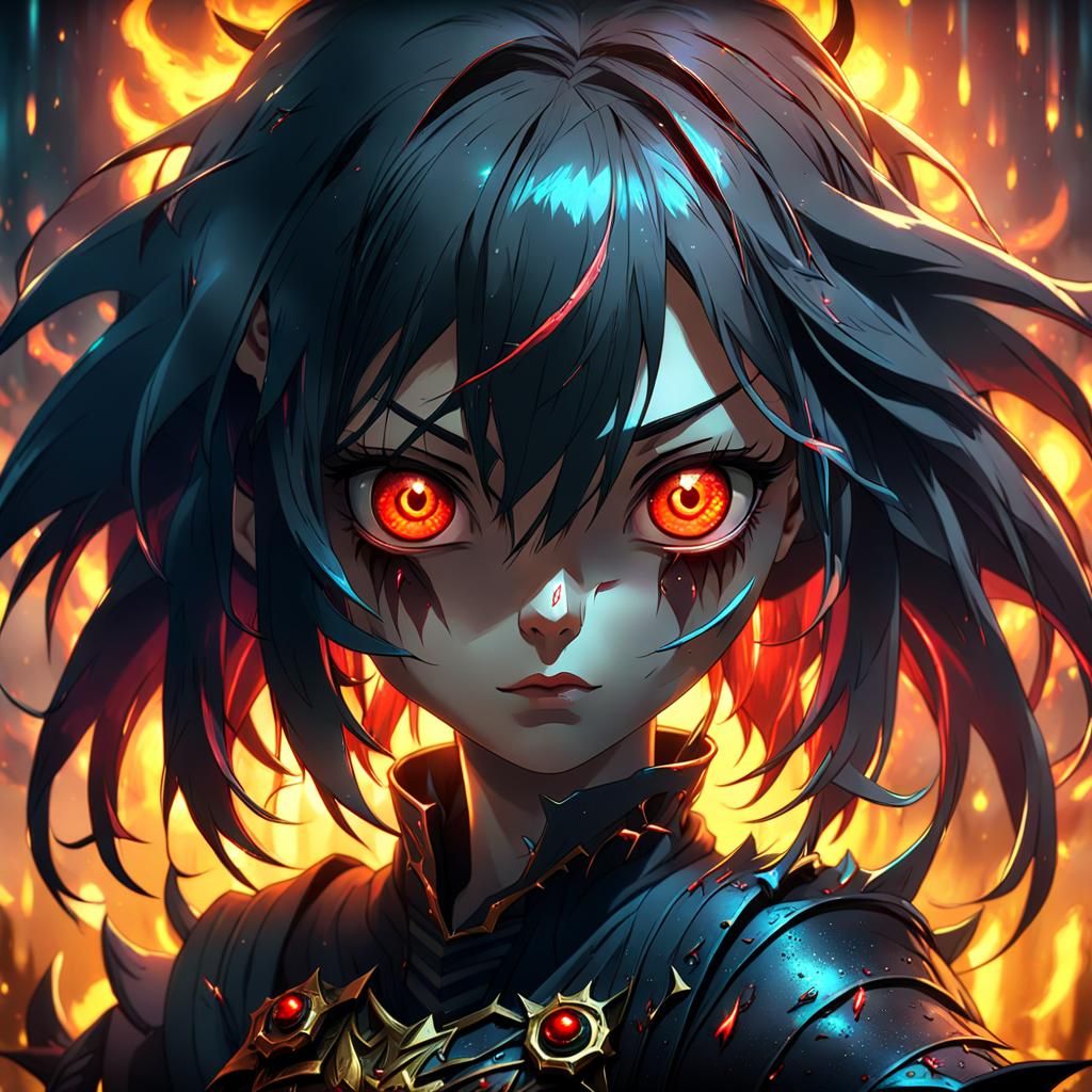 A cute realistic anime girl with evil expression and dark au...