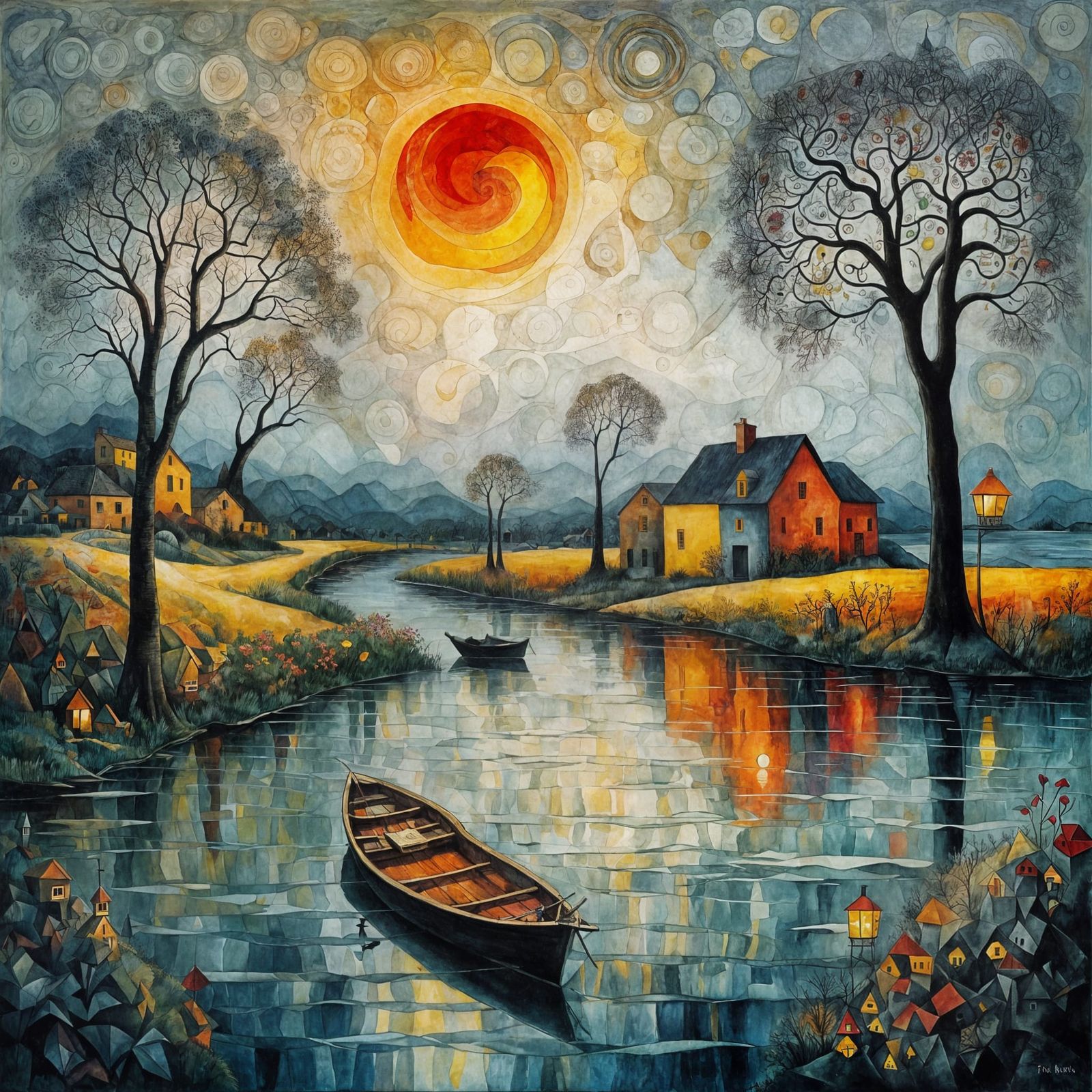 Surreal Village Scene: Whimsical Dreamworld in Vibrant Oil