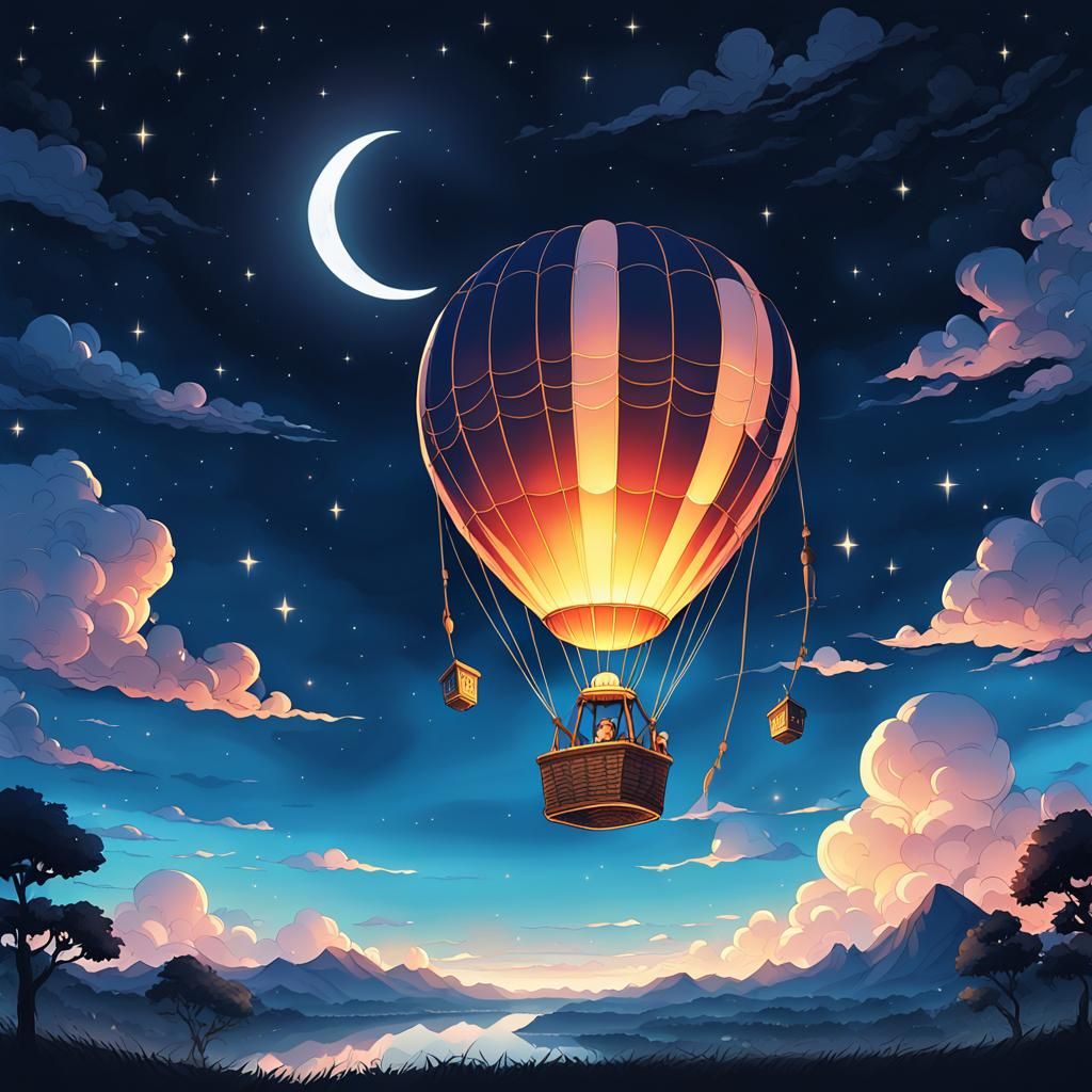 Hot Air Balloon and Moon in Anime Style