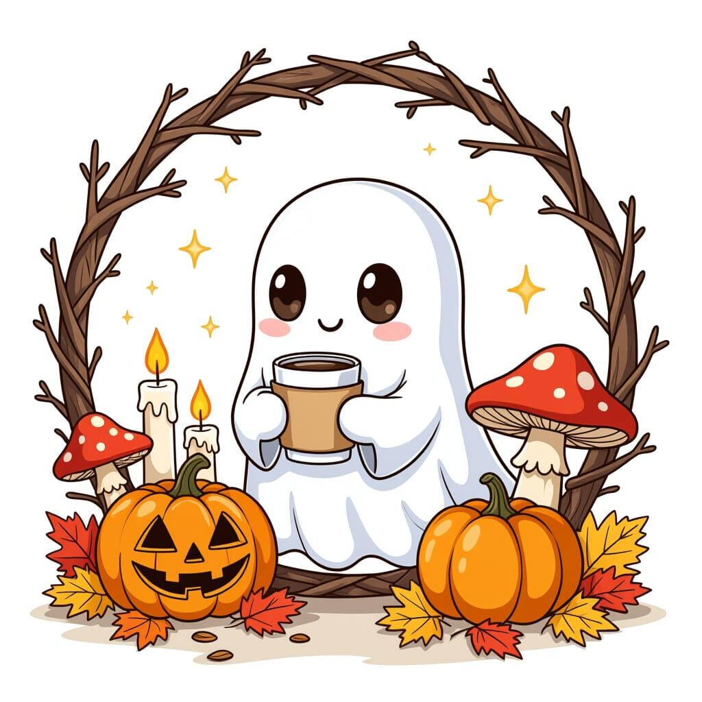 Chibi Ghost With Coffee Amidst Autumn Halloween Scene