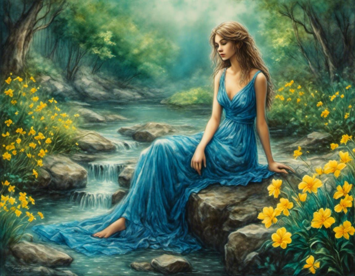 Dreamy Girl in Blue Dress by Creek