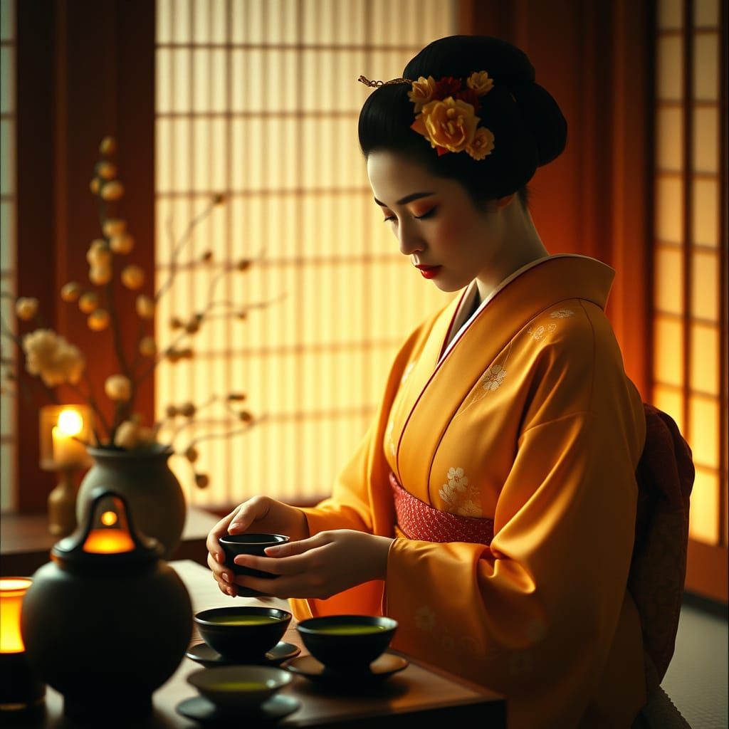 Serene Geisha in Soft Orange Kimono Prepares Matcha in Elega...