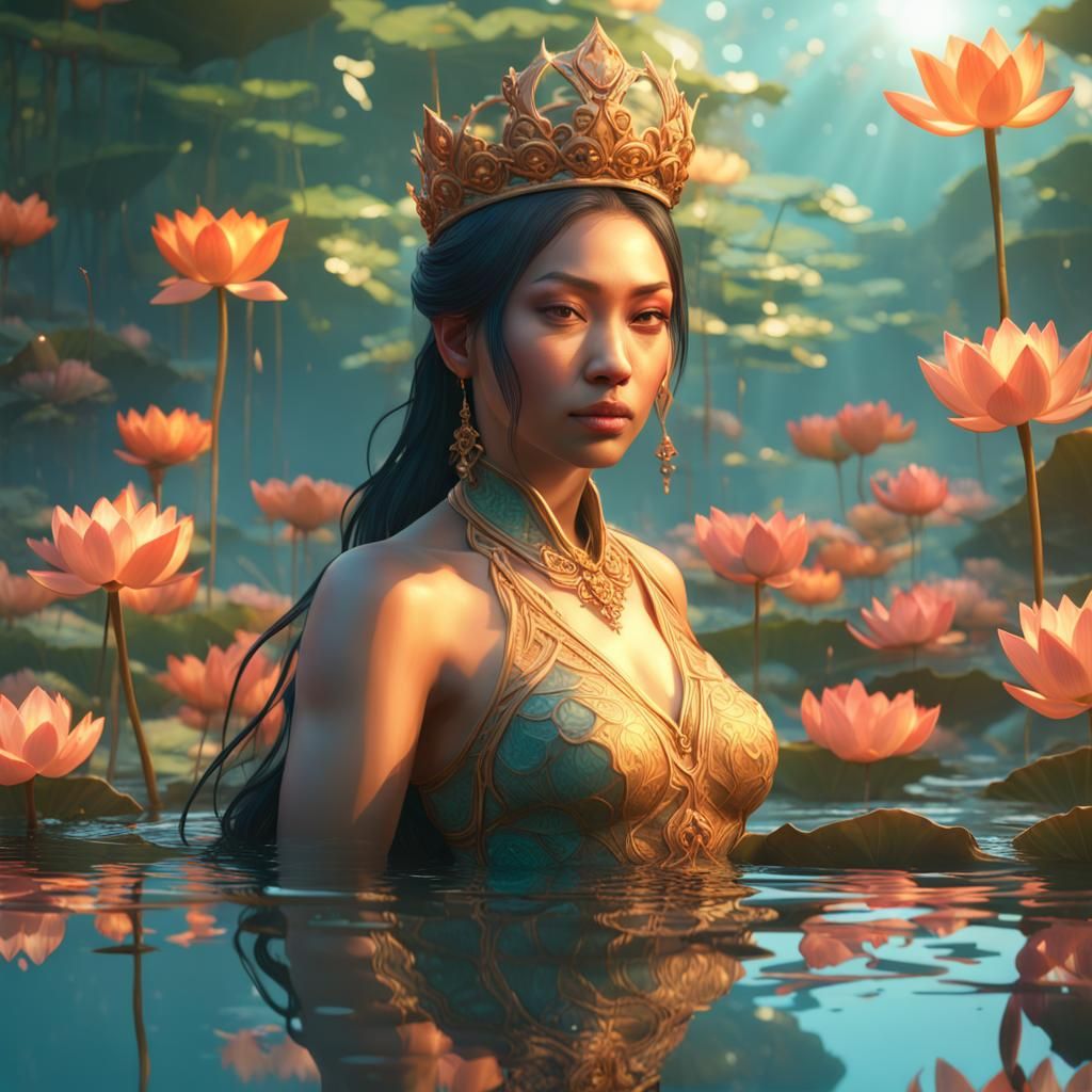 Lotus Mermaid in Pond, Digital Art
