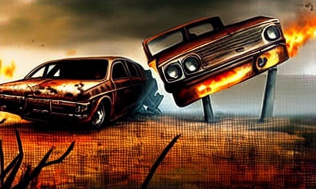 Sinister Scrap Car in Burning City, Dark Art Style